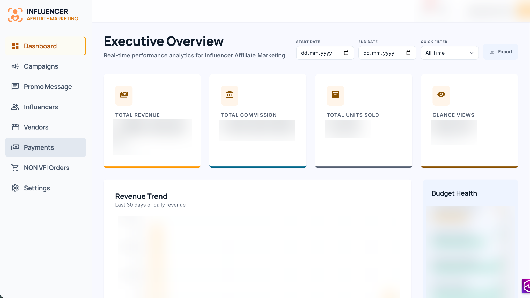Influencer Affiliate Marketing Dashboard screenshot